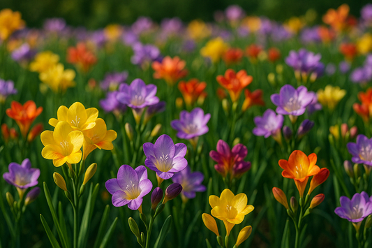 Campo de plantação de flores de Frésias amarelas, roxas, rosas e laranjas